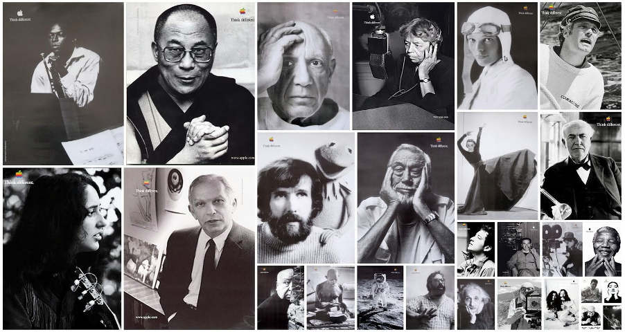 Black and white photos of important people who have made an impact by being different. Dalai Lama, Einstein, Martin Luther Kind, John Lennon.Muhammad Ali, Gandhi, Amelia Earhart.