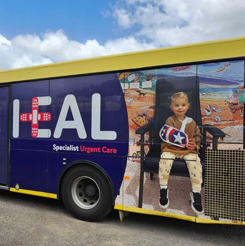Heal bus ad showing kid in Captain America themed arm sling on.